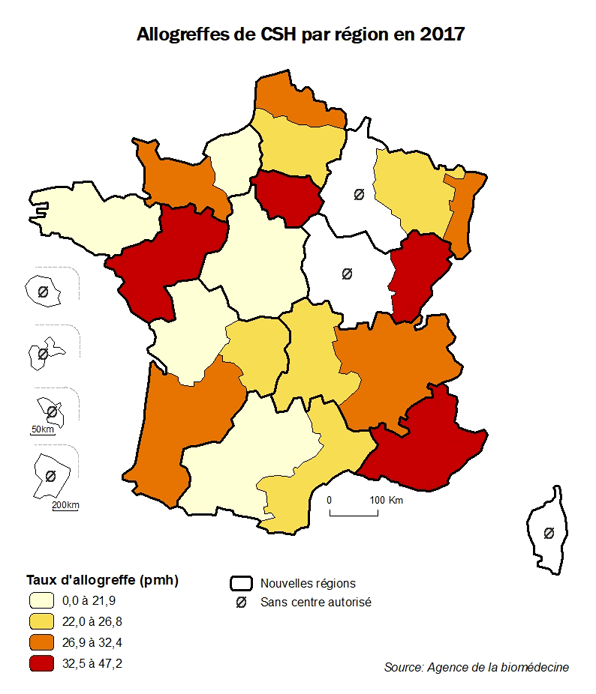 Figure CSH R1. Taux d’allogreffes de CSH  par région en 2017