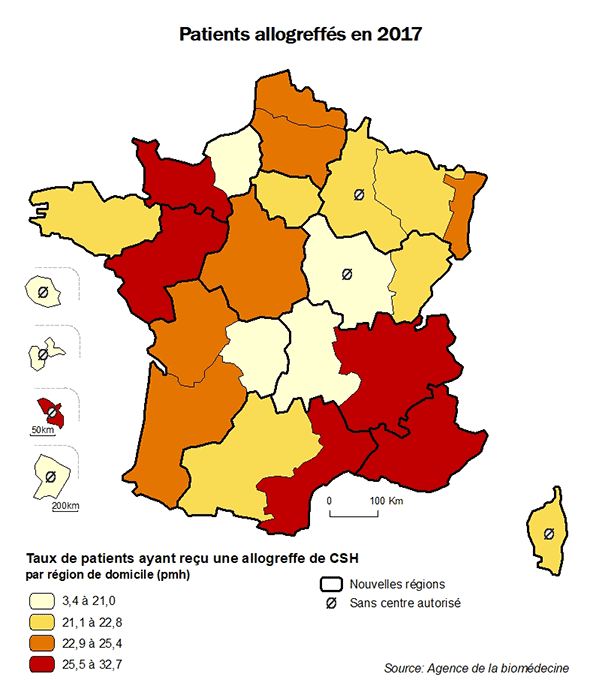 Figure CSH R2. Taux de patients  ayant reçu une allogreffe de CSH intrafamiliale ou non apparentée en 2017, par  région de domicile