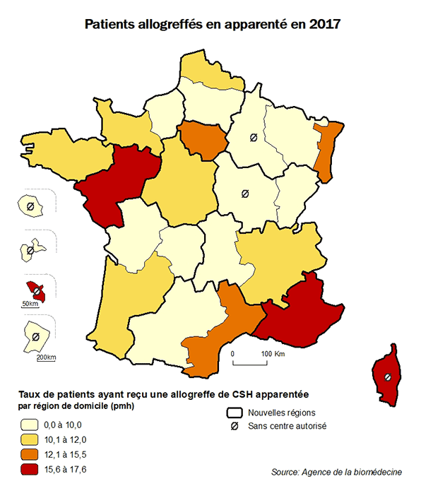 Figure CSH R3. Taux de patients ayant reçu une allogreffe apparentée de CSH en 2017, par région de domicile