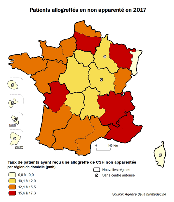 Figure CSH R4. Taux de patients ayant reçu une allogreffe non apparentée de CSH en 2017, par région de domicile