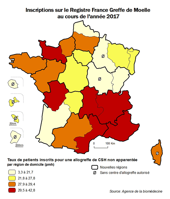 Figure CSH R5. Taux de patients inscrits pour une allogreffe de CSH non apparentée, au cours de l’année 2017, par région de domicile