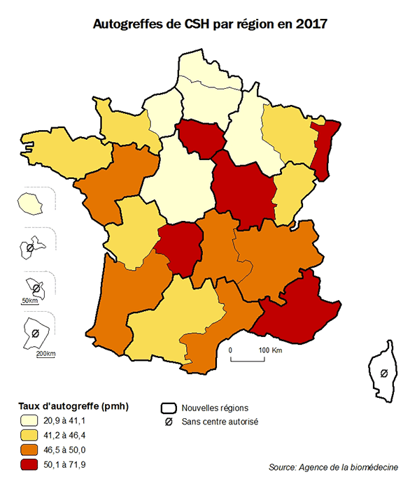 Figure CSH R7. Taux d’autogreffes de CSH  par région en 2017