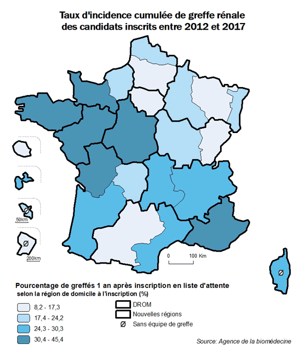 Figure AR R3. Taux d'incidence cumulée de greffe rénale des candidats inscrits entre 2012 et 2017